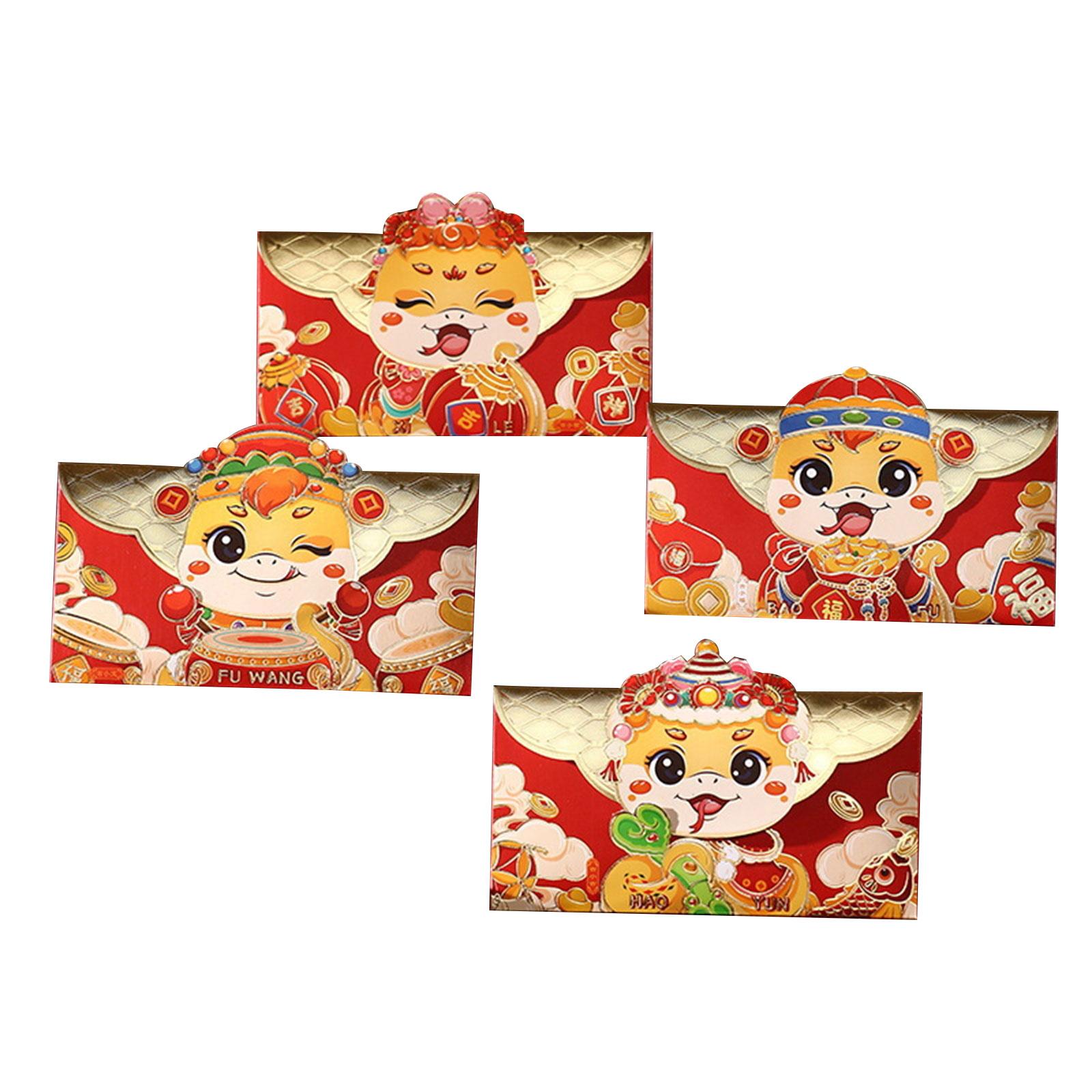 

4 шт. традиционных денежных пакетов на лунный Новый год 2025 года, красные конверты со змеиной тематикой, китайский праздник весны Хунбао B