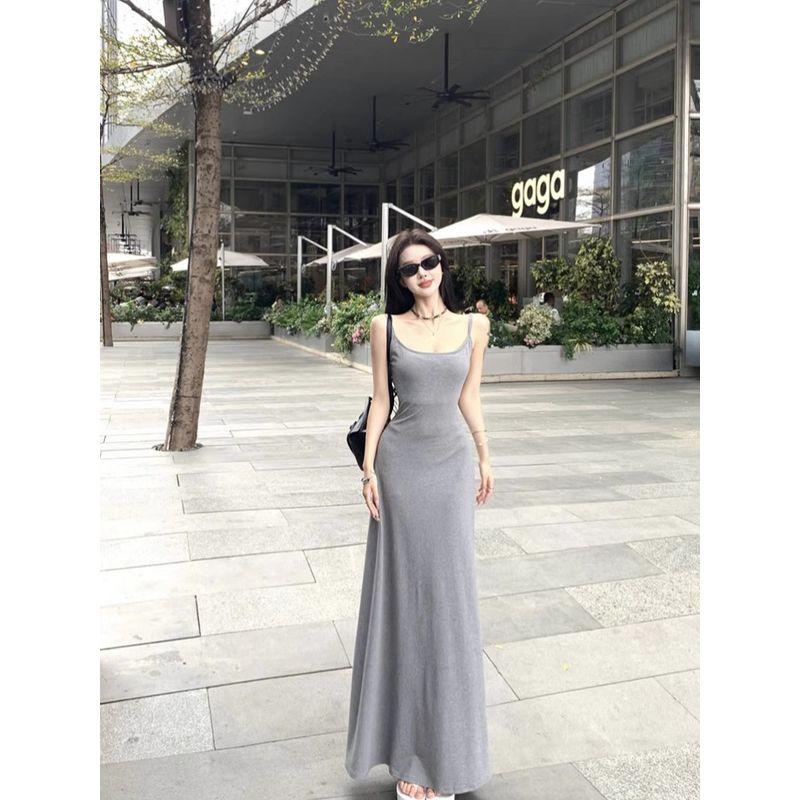 Kumikumi Pure Desire Style Sexy Gray Sling Dress Women Summer With Chest Pad Slim fit Backless Sheath Long dress