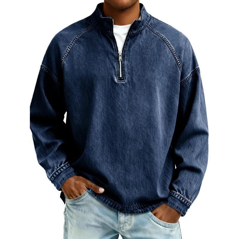 Frühling Herbst Stehkragen Vintage Einfarbiges T-Shirt Herren Langarm Reißverschluss Pullover Oberteil Herren Lässig Allround-T-Shirt