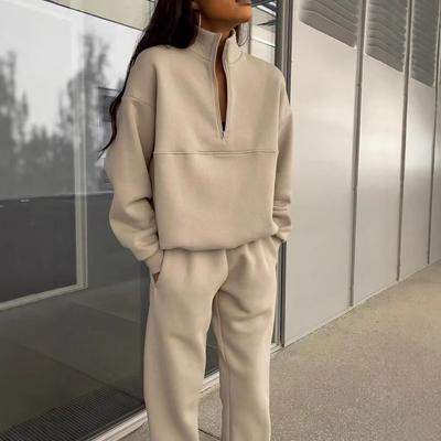 Womens Half Zip Stand Collar Tracksuit Set Light Beige Casual Straight Leg Pants Two Piece Outfit