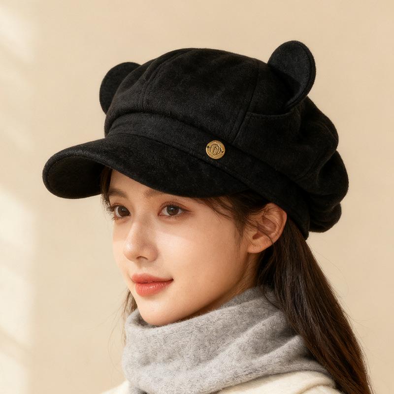 Autumn and winter cute sweet bear ears beret versatile face student newsboy hat