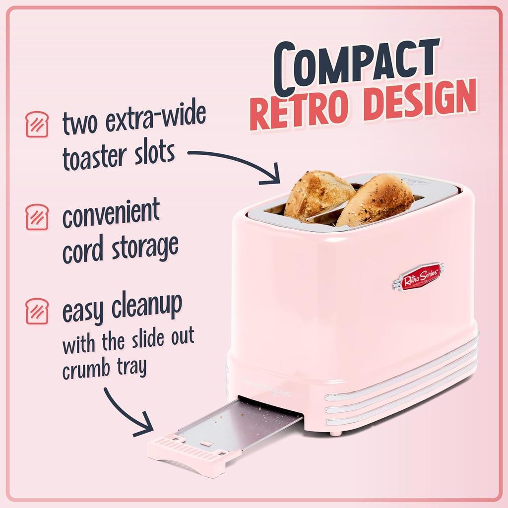 Toaster, Vintage Design With Crumb Tray, Cord Storage & 5 Toasting Levels, Pink