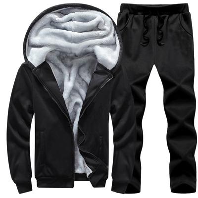 Winter Tracksuit Men Pure Color Fur Lined Hoodies And Pants Set Men Jogging Suit Warm Fleece Joggers 2 Piece Set Plus Size