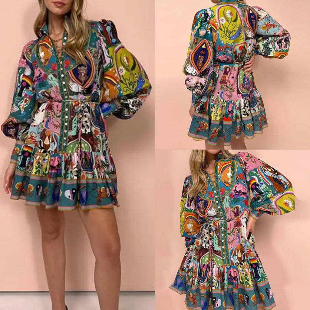 Spring New Arrival Women's Retro Elegant Stand Collar Print Tie Waist Mini Dress, European American Style Casual Female Clothing