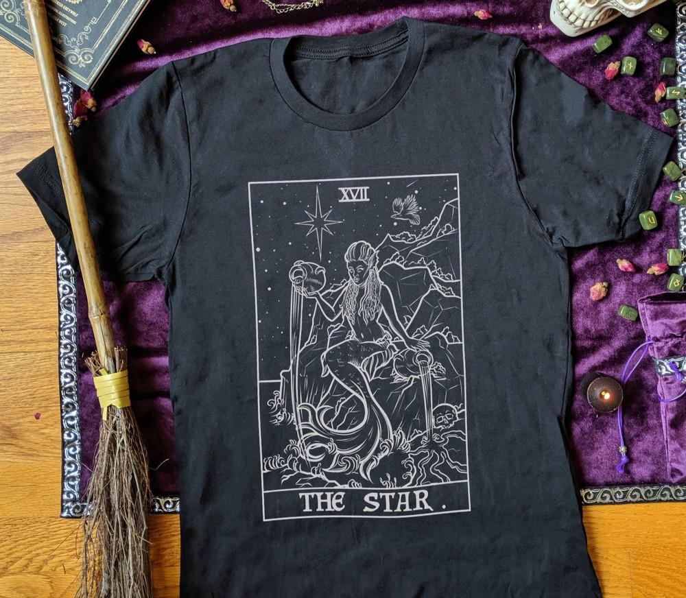 

Star Tarot Card Shirt Mermaid Black White Goth Horror Occult Spooky Tee M