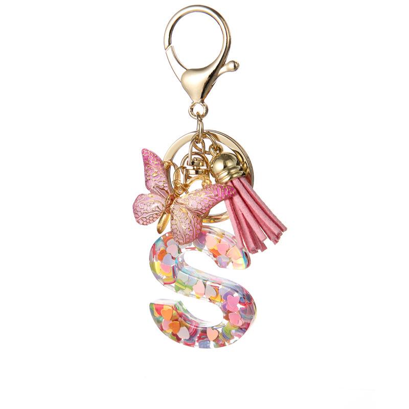 A-Z Dreamy Letters Keychain for Women Tassels Butterfly Pendant Initial Keyrings Purse Suspension Bags Car Key Chain Pink