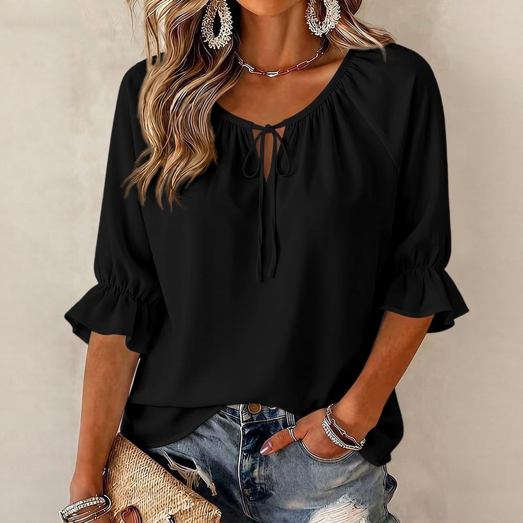 Women's Fashion Color Round Neck Tie Ruffle Three Quarter Sleeve Blouse for Casual Wear