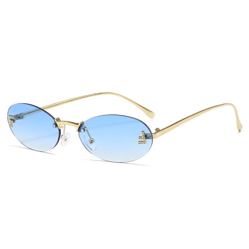 New European and American FF letter oval frameless women's sunglasses elegant diamond-encrusted small frame sunglasses UV protection