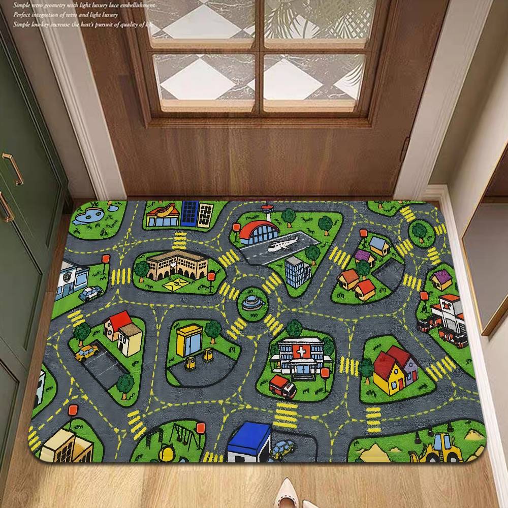 Child Urban City Road Traffic Learning Interactive Game Kitchen Mat Kids Room Bedroom Decoration Balcony Anti-Slip Doormat