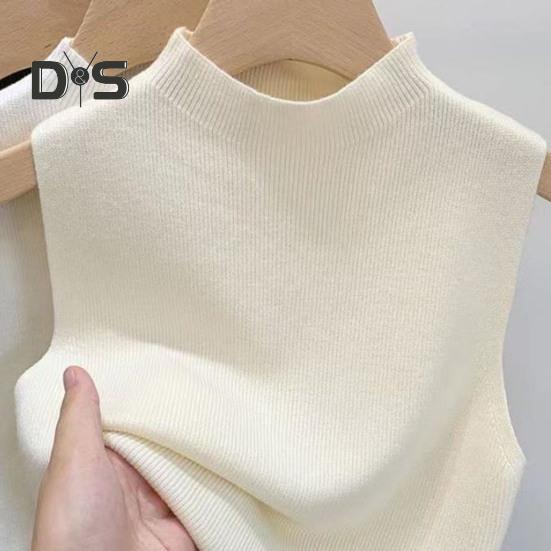 Women Knitted Vest Tops Slim Fit Half-High Collar Sleeveless Top Solid Color Stretchy Knit Blouse Daily Wear