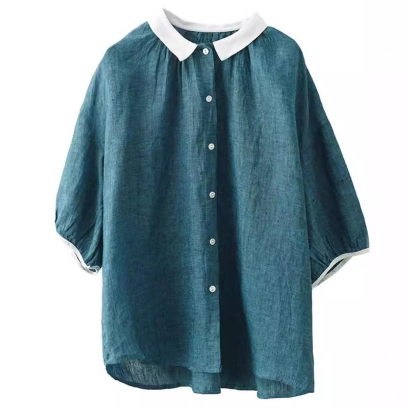 Johnature Women Vintage Summer Shirts Tops Turn-down Collar Half Sleeve Button Blouses Casual Women Shirts