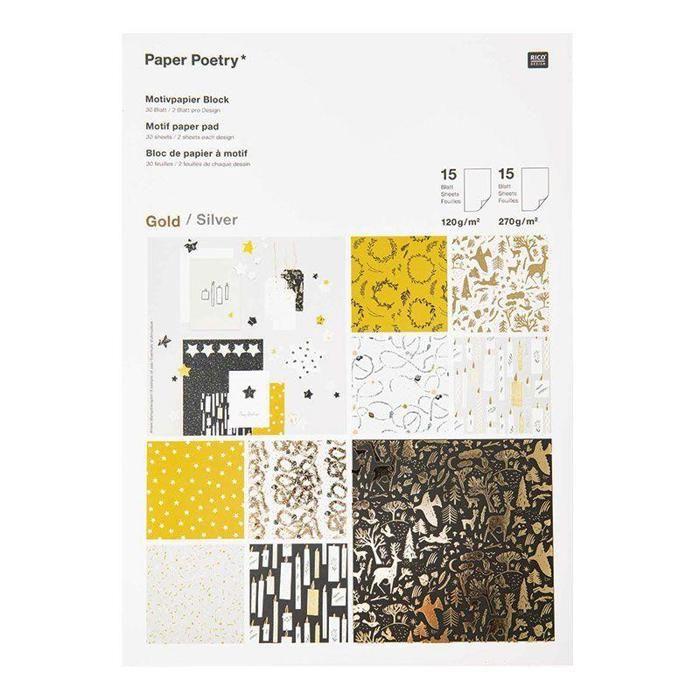 Decorated Paper A4 - Rico Design - Nostalgic Christmas - Black/Gold - 30 Sheets - 120/270 Gr/m²