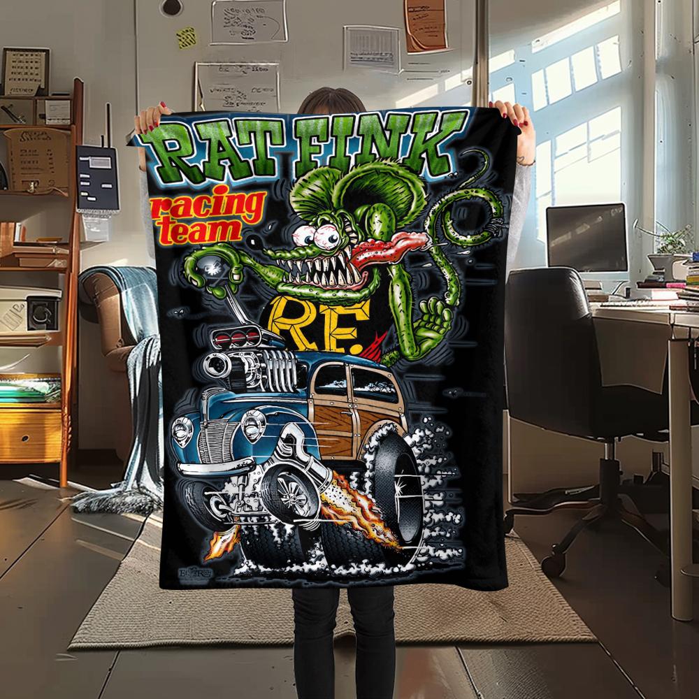 1Pc Rat Fink Print Flannel Blanket, High Quality Comfortable for All Seasons, Home Decor, Warmth and Comfort, Perfect for Christmas Gifts