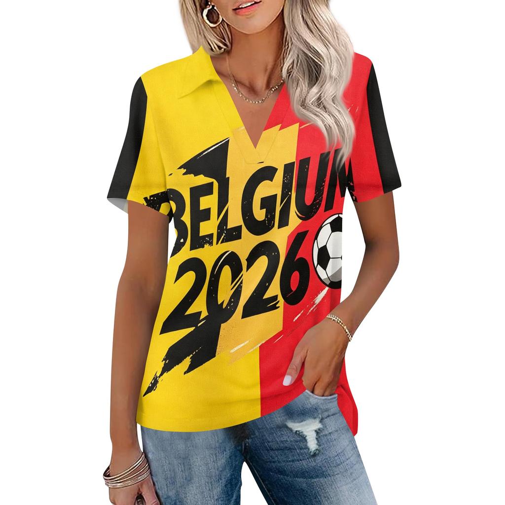 Damen Freizeit V-Ausschnitt Kurzarm Poloshirt mit Fußball-Print und Kragendesign Leichtes Sommeroberteil für den Alltag