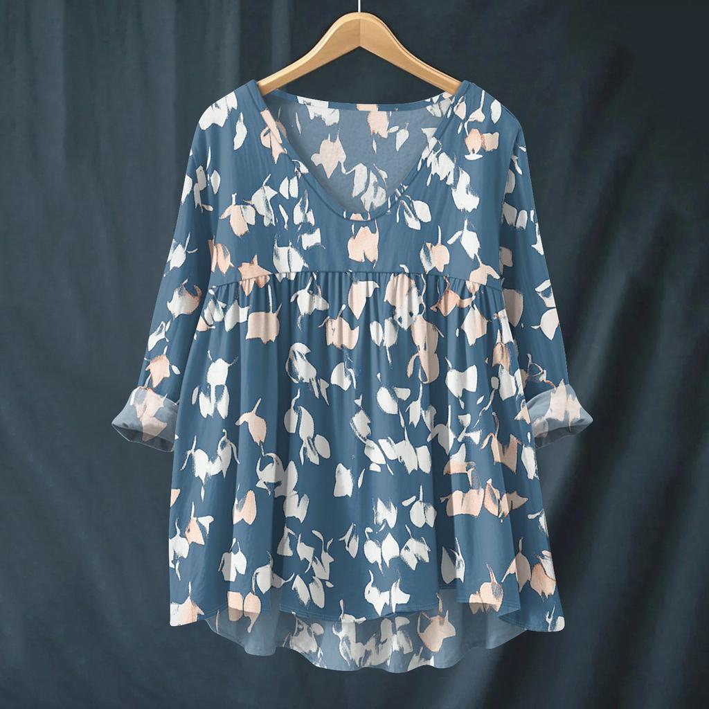 Damen Modisches Und Lässiges Hemd Langärmlig V-Ausschnitt Druck Baumwolle Und Leinen Bluse