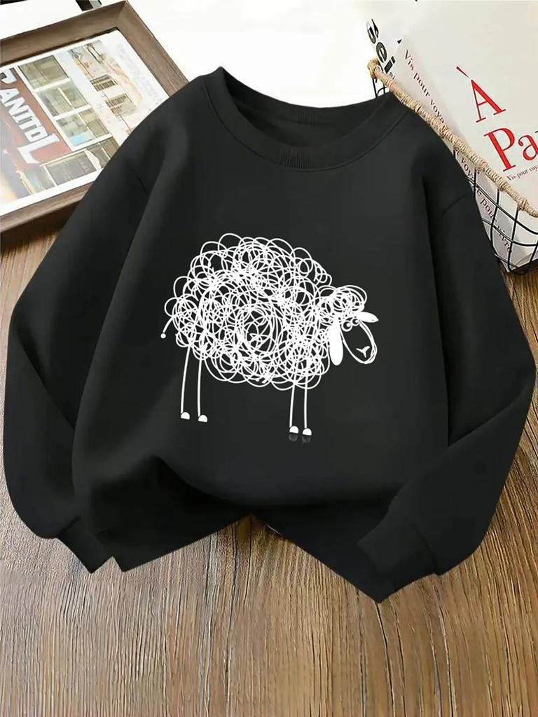 Unisex Crewneck Sweatshirt - Black Woolly Sheep Doodle Pattern Print Machine Washable, Spring And Autumn, Sportswear And Casual Wear, Soft