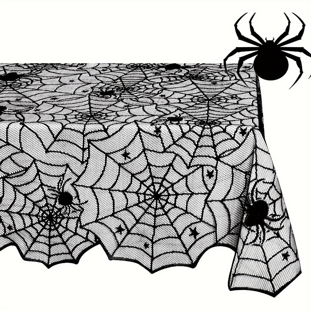 Halloween Spiderweb Tablecloth Black Lace Cobweb Decor with Spiders for Fireplace Mantle Kitchen Party Table Decorations