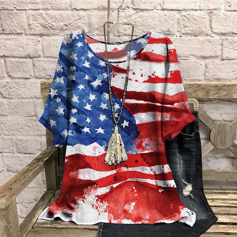 Plus Size Retro Color Blocked 3D Printed Summer Casual Round Neck Short Sleeved Loose Slimming Loose T-shirt