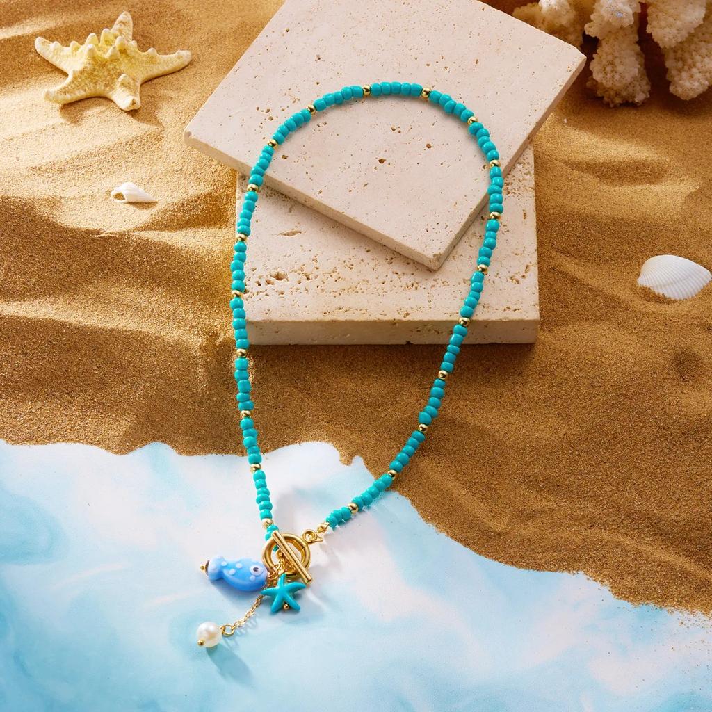Charm Ocean OT Buckle Bohemia Starfish Pendant Necklace for Women Handmade Rice Beads Ceramic Fish Choker Girls Party