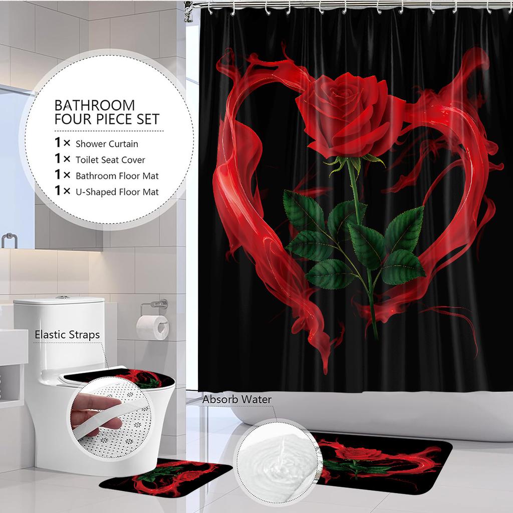 4pcs Valentine's Day Rose Print Bathroom Set 180x180 Waterproof Shower Curtain with 12 Hook, Floor Mat, Toilet Mat, U-shaped Mat