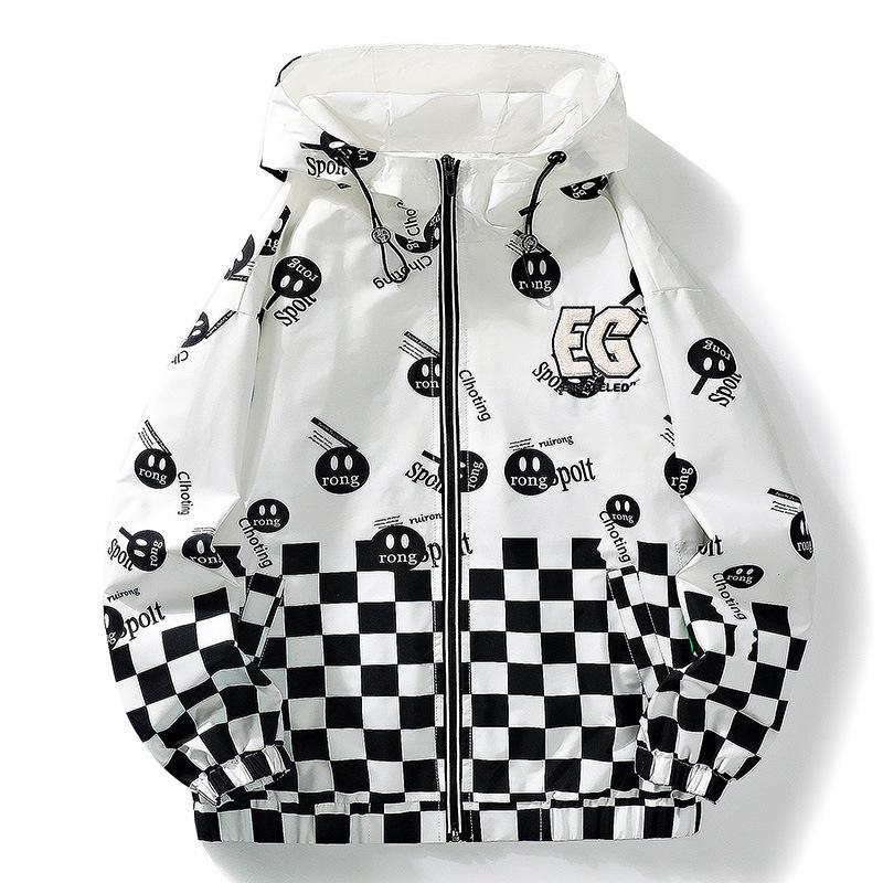 

Куртка с шахматным узором в стиле весны и осени, молодежная, свободного покроя, большого размера, с капюшоном, свободными лацканами и завязками на шнурке 4XL чёрный