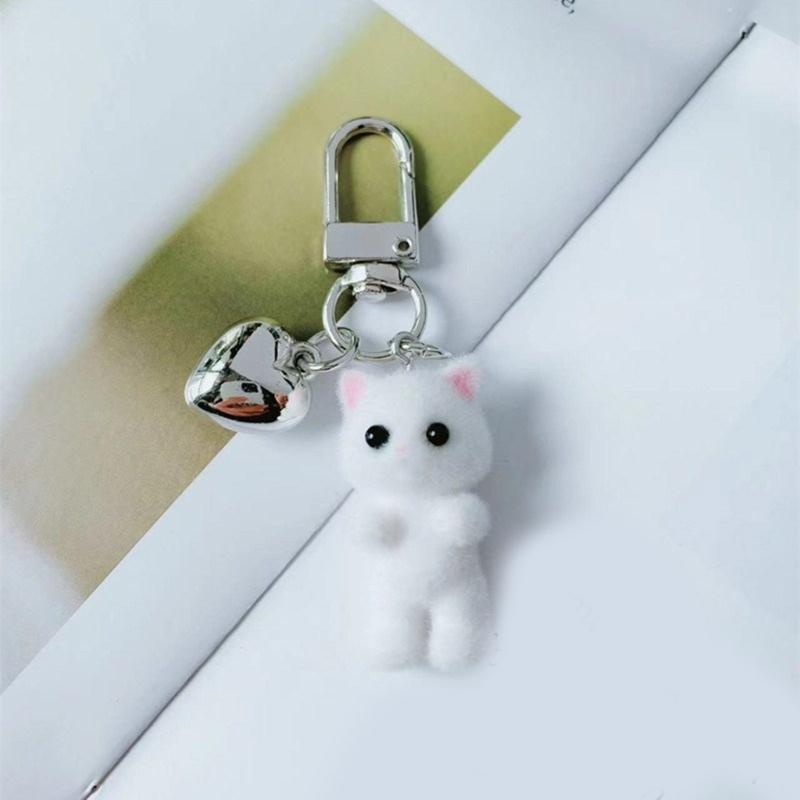 Flocking Cat Heart Keychain Lovely Decorations Keyring Ornament Backpack Handbag Charm Pendant Gift for Girls Women