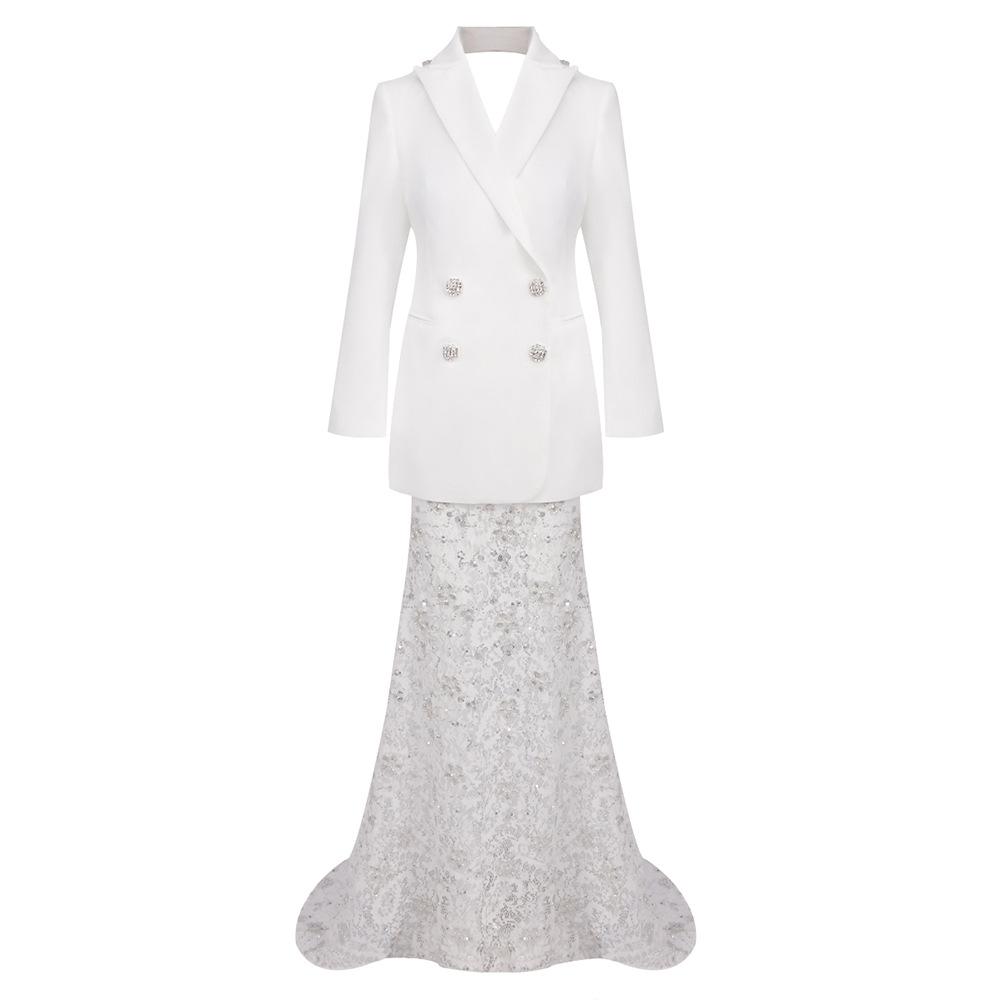 Elegant Rhinestone Beaded Suit Jacket and Skirt Two-Piece Set