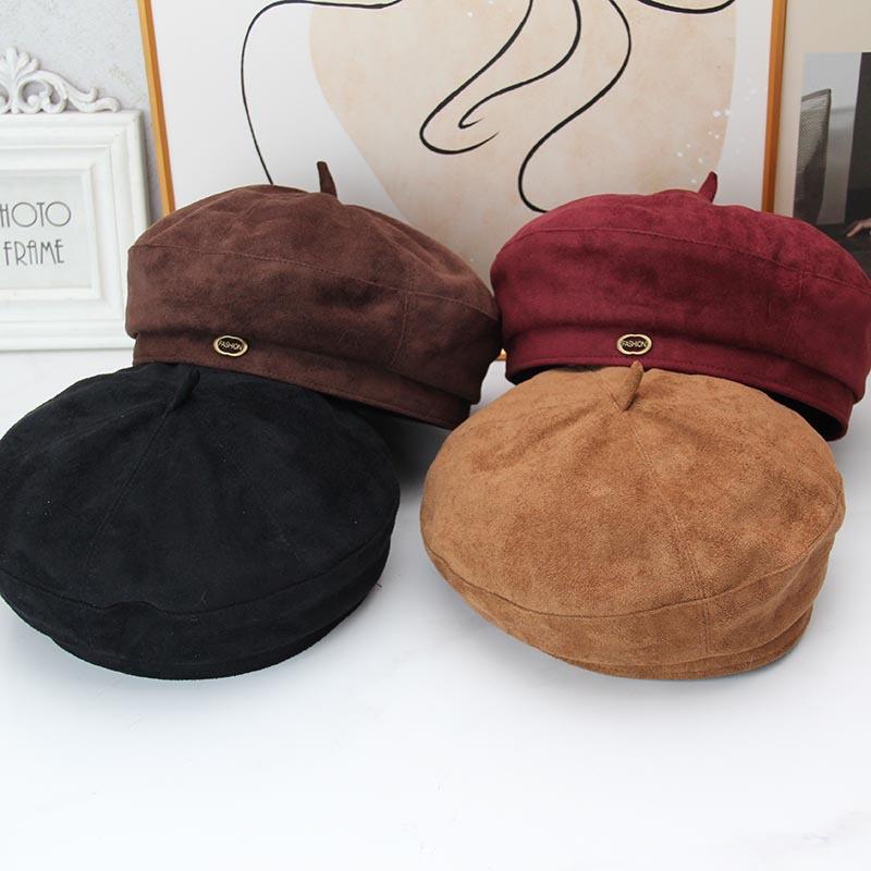 Suede Beret Women's Autumn and Winter British Retro Pumpkin Hat Metal Label Octagonal Hat Show Face Small Painter Newsboy Hat
