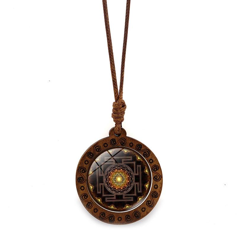 

Vintage Mandala Wooden Pendant Necklace Brown Wax Cord Sweater Chain Women s Versatile Accessory