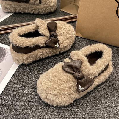 Fashion Women's Thick Flat Shoes Winter New Round Head Deep Mouth Suede Butterfly Knot Anti-slip Wear-resistant Cotton Shoes