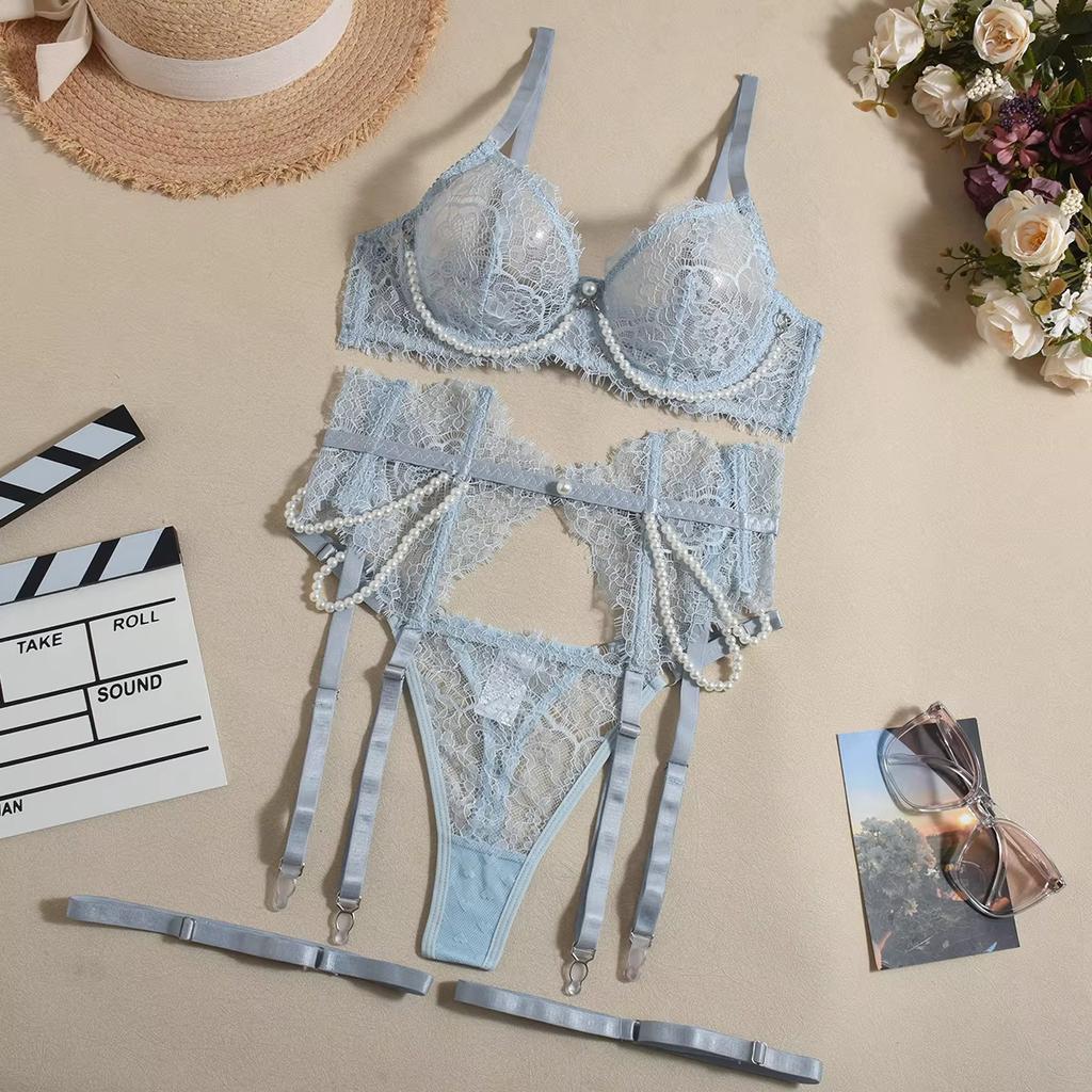 Valentine Lingeries Sexy Hot Elegant Pearl Decor Willowy Bra Belt Thong Lingerie Sets With Leg Circles Attractive Fishbone Sets