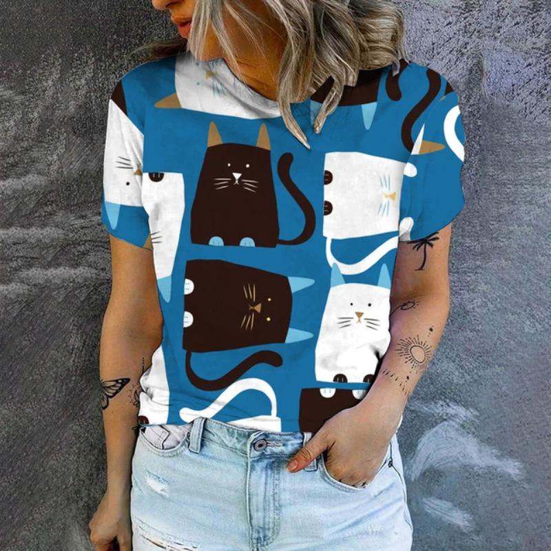 2025 New Summer Colorful Cat Cartoon Pattern Fallow Style Woman Clothing Oversized T-shirt Short Sleeve Comfortable Tops S-5XL