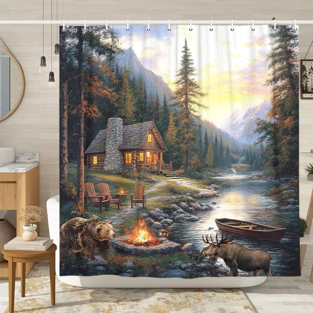 Rustic Cabin Lodge Shower Curtain With Bear Moose, Camo River Lake Woodland Wildlife Bath Curtain Hunting Camp Country Forest
