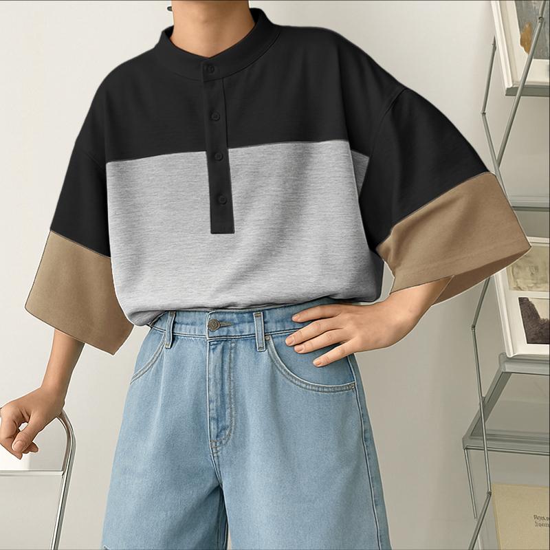 

INCERUN Oversized Men Casual Loose 3/4 Sleeve Patchwork T-shirts Tops S чёрный