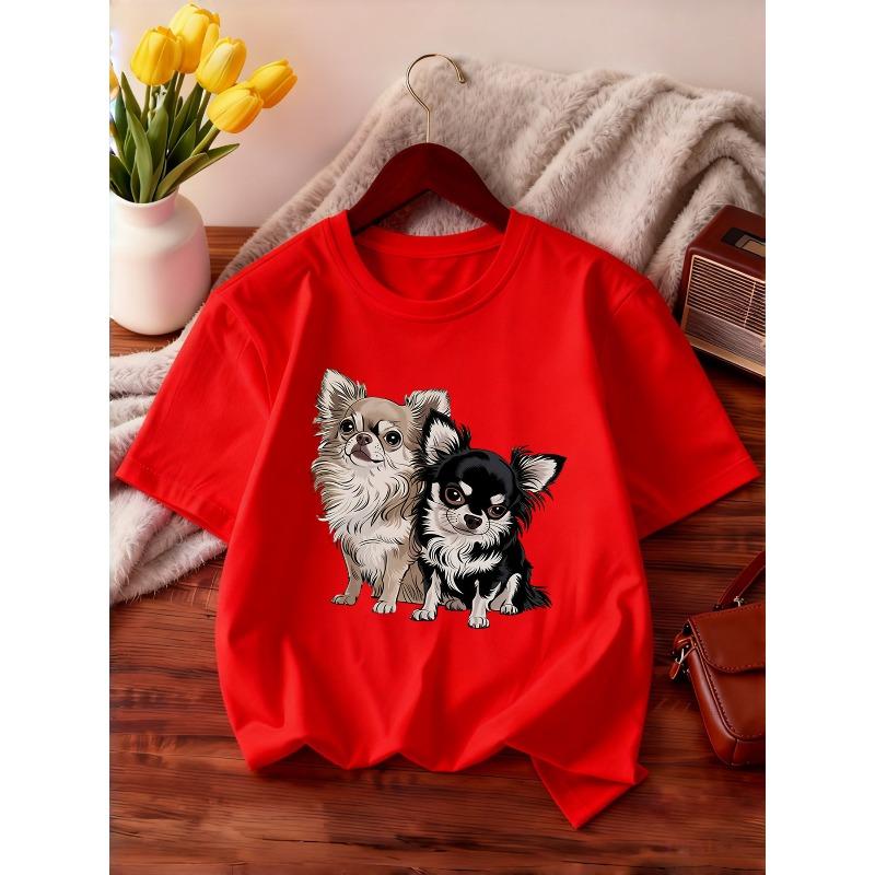 European Sizes Fashion Round Neck Short Sleeve, Suitable for Summer Girls' T-Shirt Print with Chihuahua Black And White Cartoon Pattern