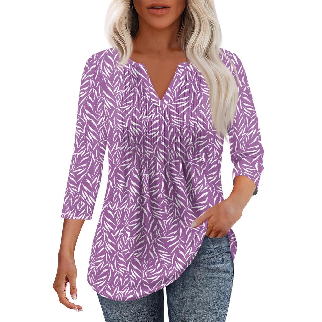 Modisches, lässiges T-Shirt mit plissiertem V-Ausschnitt und einfarbigen Siebenviertelärmeln für Damen