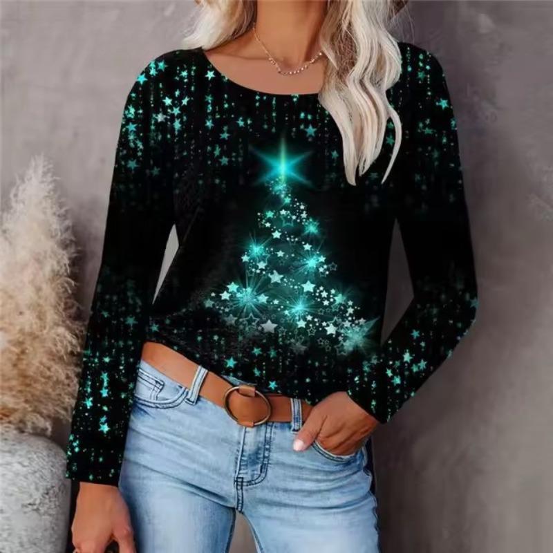 Digital Printed Christmas Women's Sportswear Round Neck Long Sleeved Loose Casual Christmas Tree T-Shirts