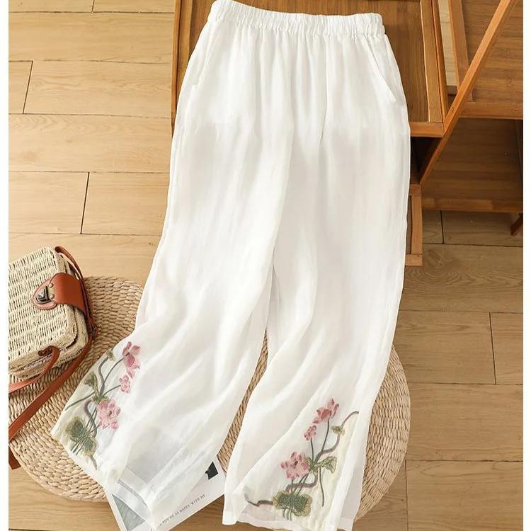 Loose Cotton Linen Pants with Embroidery for Women Summer Thin Slimming Casual Trousers Vintage Artistic Large Size Pants