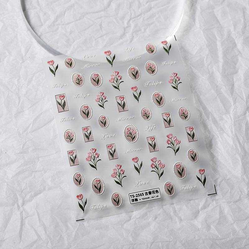 1piece 5Dcute tulip flower nail stickers high quality self-adhesive embossed nail art decals for girls decoration sticker