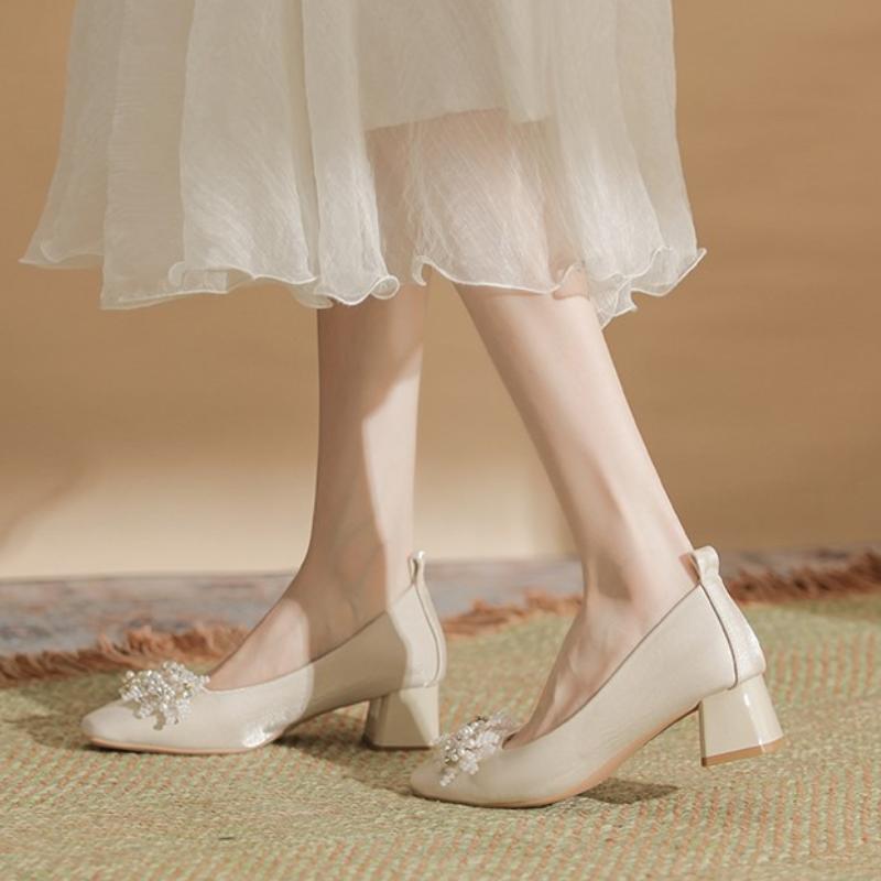 Spring New Coarse Heel Single Shoes Women's Fashion Round Head Shallow Mouth Suede Flower Thick Soled Wedding Shoes