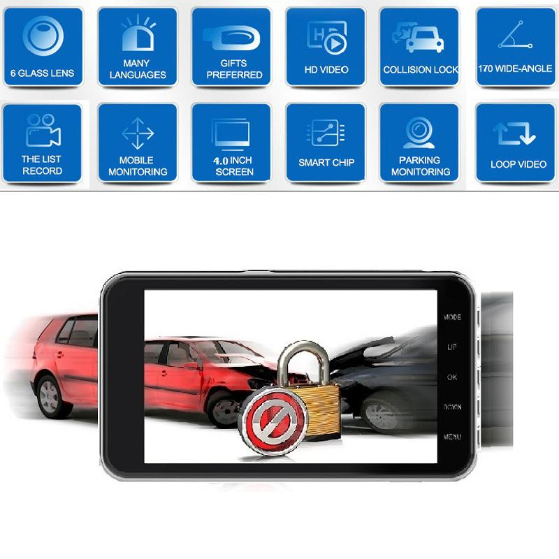 4-inch Dashcam, IPS HD 1080P Car DVR, Dual Front and Rear Cameras, Supports Reversing Camera Function.