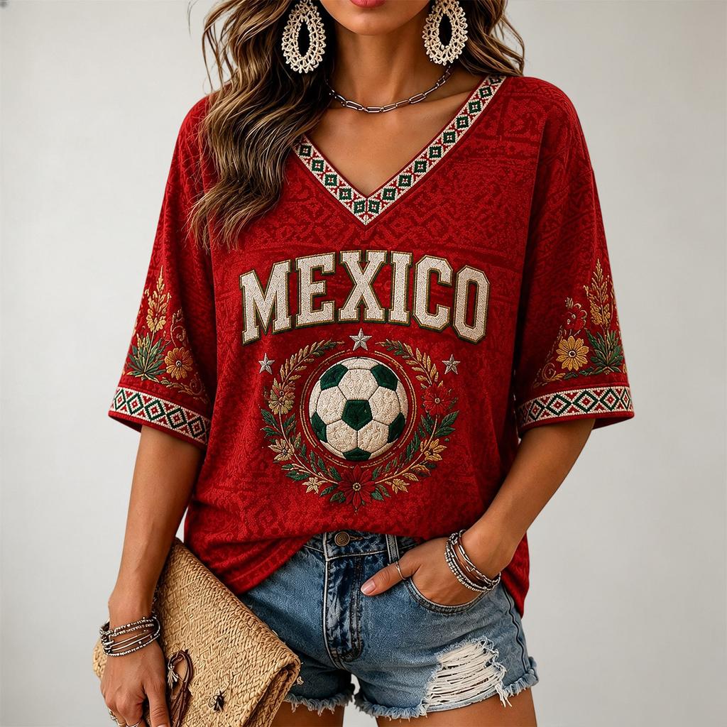 Women's V-Neck Short Sleeve T-Shirt with Graphic Print for Casual Wear