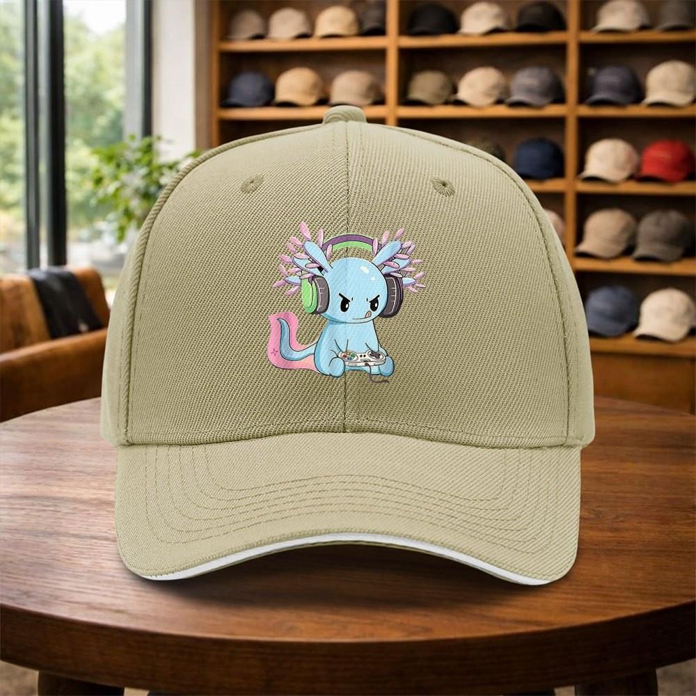 Gamer Axolotl Headphone Print Baseball Cap Adjustable Curved Brim Casual Street Dance Hat
