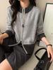 2026 European Style Wool Patchwork Color Block Double Zipper Stand Collar Knit Cardigan for Women