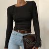 QICED Women's Fashion Casual Solid Color Print Long Sleeve O Neck Blouses & Shirts