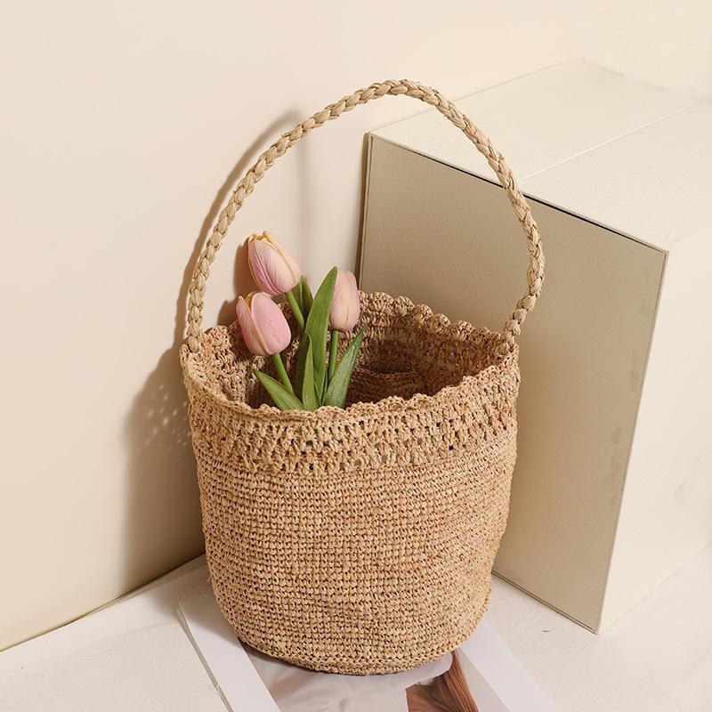 Borsa a Secchio in Paglia Naturale Intrecciata Fatta a Mano, Borsa a Spalla Estiva da Donna per Vacanze al Mare