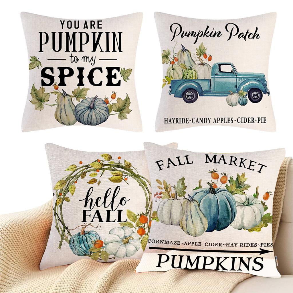 Fall Throw Pillow Covers 4Pcs Pumpkin Linen Pillow Covers For Thanksgiving Soft Comfortable Cushion Covers Decorative For Sofa