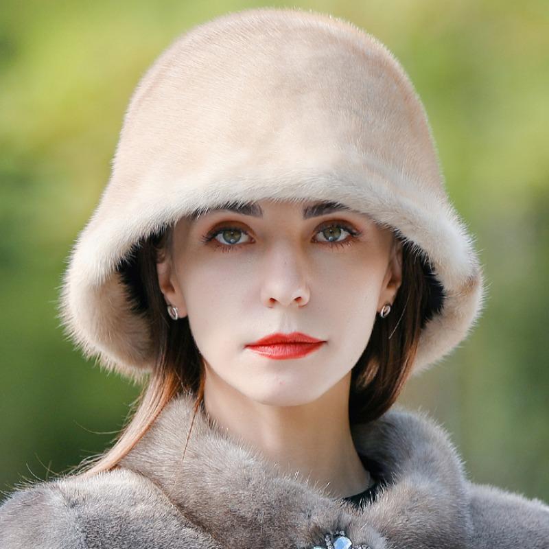 Mink hair mink hat women's autumn and winter warm whole mink fur bucket hat winter fashion middle-aged and young fur hat