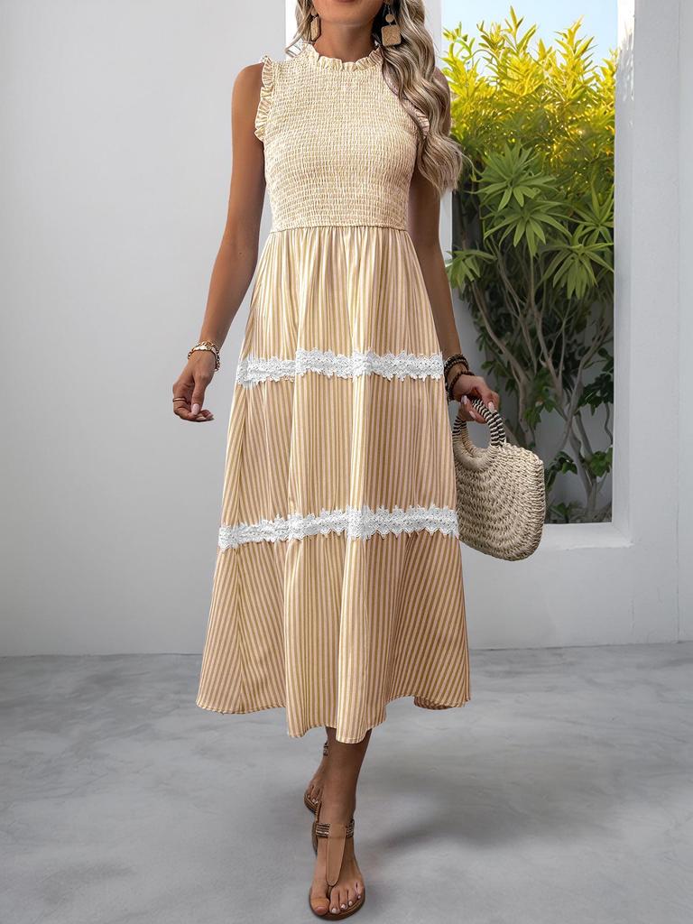 Summer 2026 Middle East High-End Lace Trim Patchwork Maxi Slip Dress with French Stripes