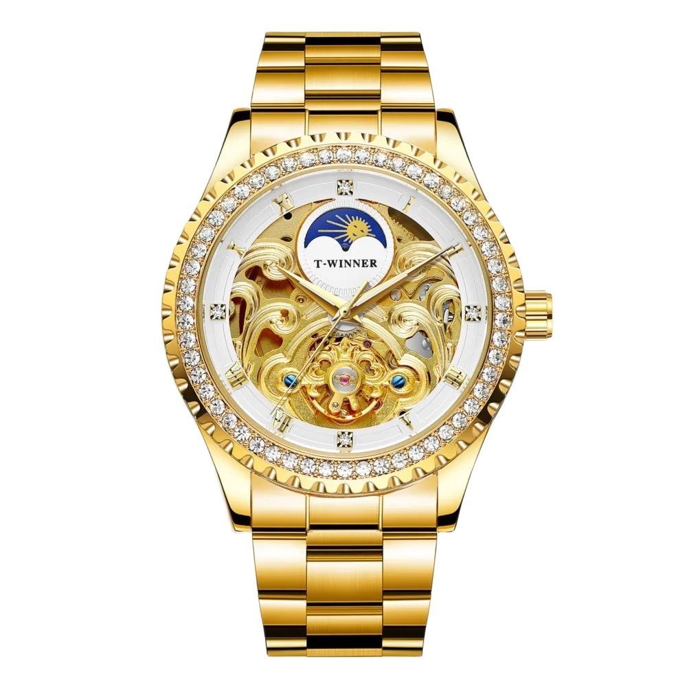 Luxury Men's Gold Case Mechanical Watch with Moon Phase Stainless Steel Strap Waterproof Automatic Wristwatch for Male Fashion